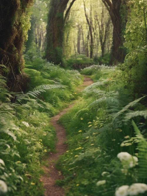 Ein Waldweg, der im frühen Frühling mit Wildblumen und üppigen Farnbögen bedeckt ist.