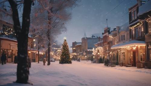 A snowy twilight scene of a traditional Western-style town with a brightly decorated Christmas tree in its center.