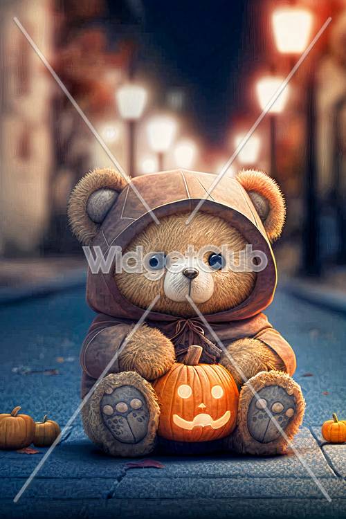 Cute Teddy Bear and Pumpkin on a City Street