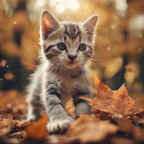 Illustrated portrait of a cute kitten playfully pawing at a falling autumn leaf.