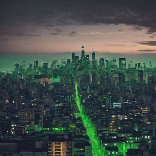 黃昏時分的城市天際線，建築物被綠色和海軍藍色的燈光交替照亮。