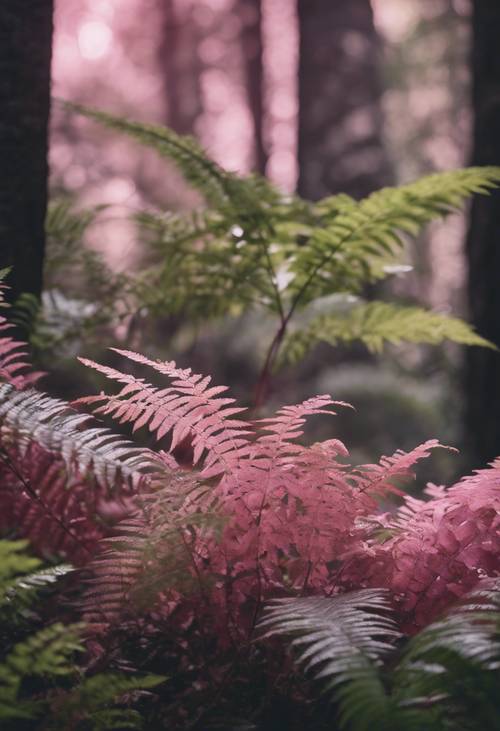 Samambaias verdejantes e árvores imponentes, com folhas manchadas de um tom incomum de rosa.