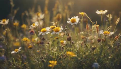Un puñado de flores silvestres recogidas en una pradera de verano iluminada por el sol.