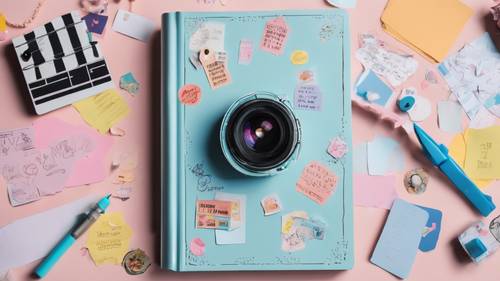 A pastel blue kawaii-style journal with a lot of colorful stickers and notes.