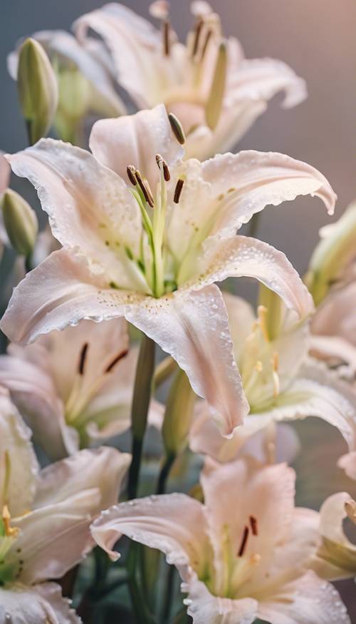 A collection of pale pastel-colored lilies with soft lighting.
