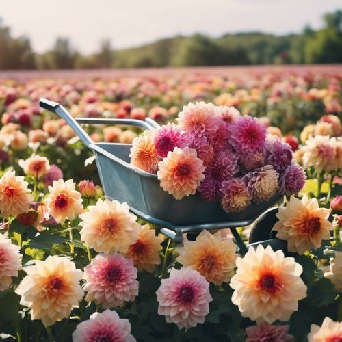 A wheelbarrow filled with freshly picked dahlias in a thriving flower field.