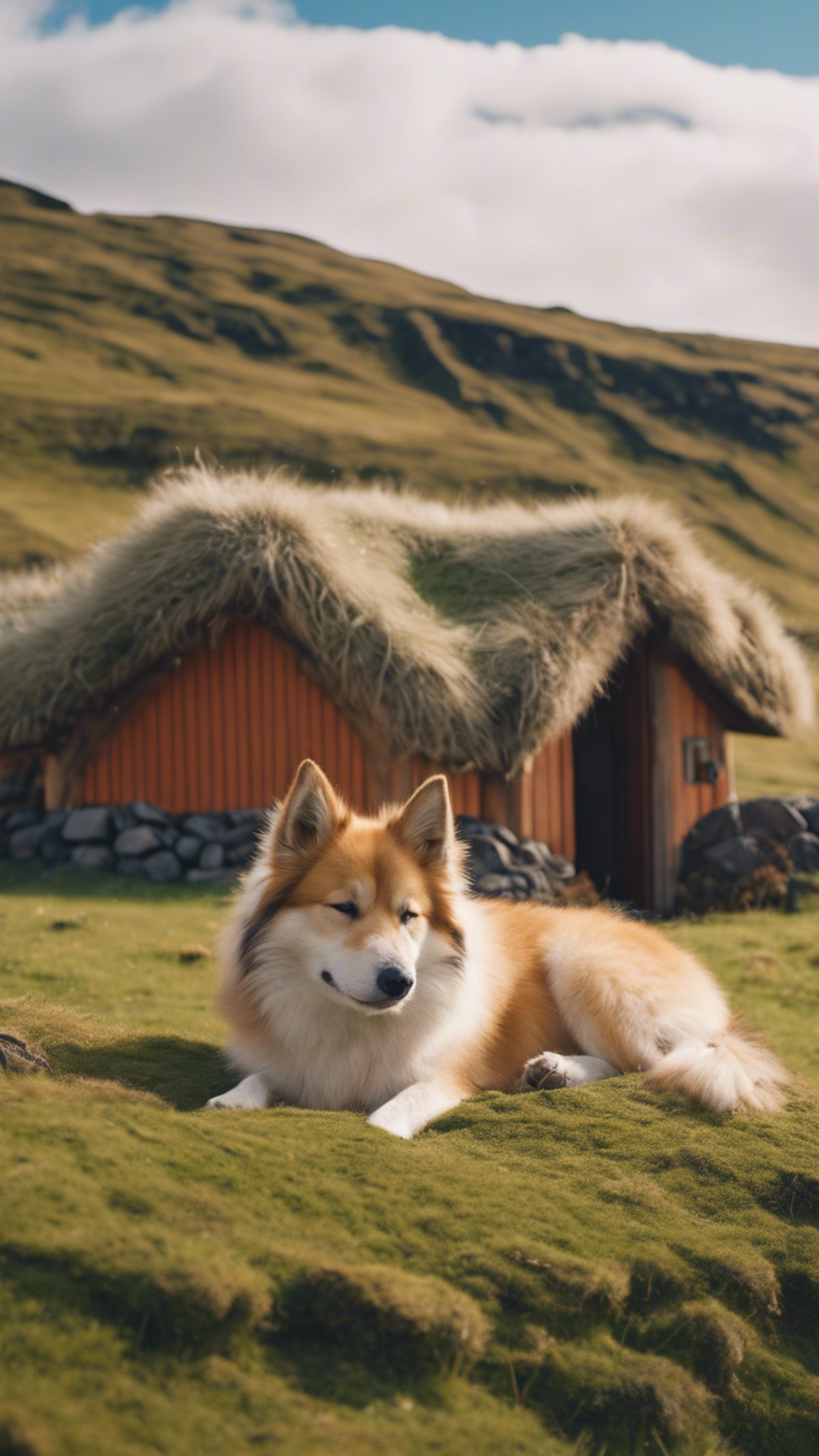 An Icelandic Sheepdog sleeping by a traditional turf house, the stunning Icelandic landscape spread out behind.壁紙[db9120f49f1140f69e54]
