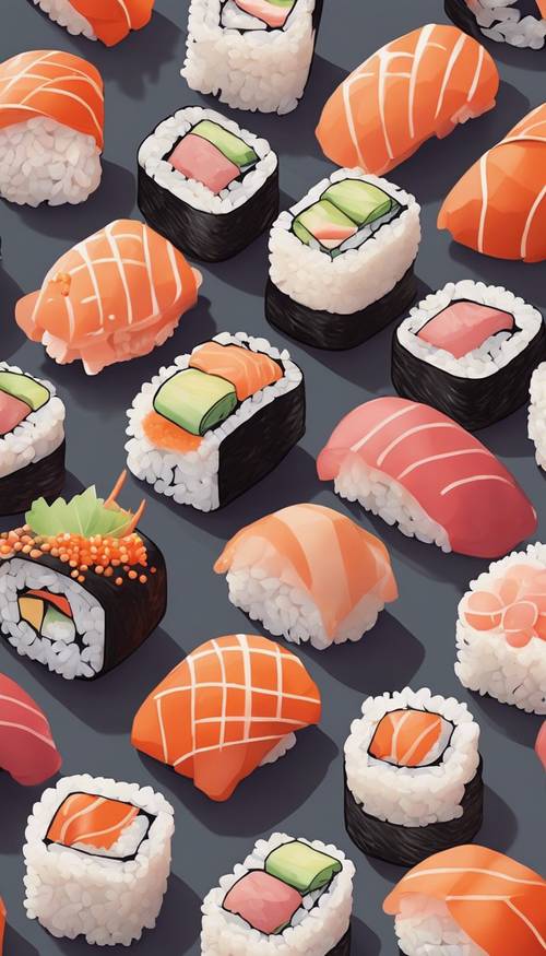 Urocze przedstawienie w stylu Kawaii rolek sushi i nigiri.