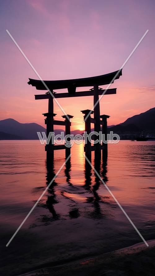Sunset at the Torii Gate by the Lake Wallpaper[03b9198615e845408b93]
