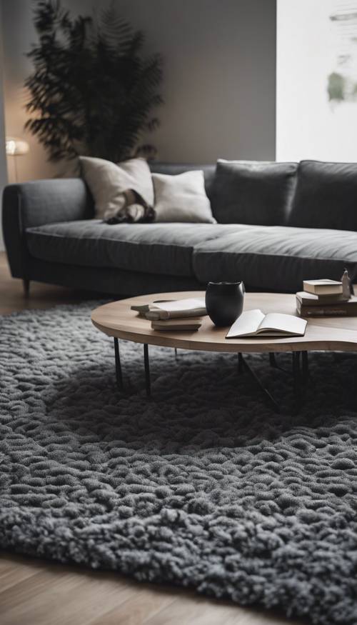 A large, dark gray textured rug in a minimalist living room.