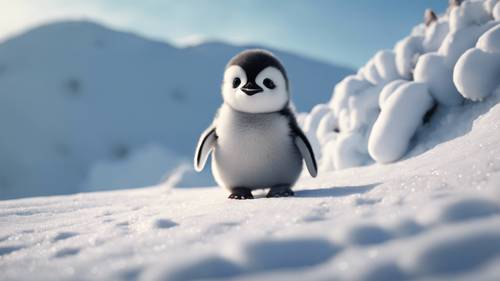 ตัวละครคาไวน่ารักของลูกนกเพนกวินเลื่อนลงมาตามเนินเขาที่เต็มไปด้วยหิมะ