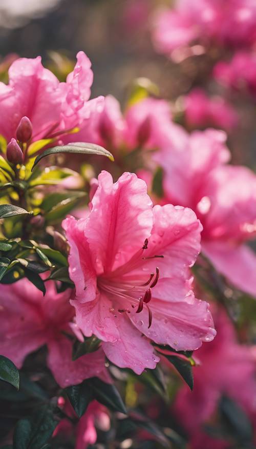 활짝 핀 생동감 넘치는 분홍 진달래 꽃의 클로즈업 보기. 벽지 [018111bdb8ea4dea86ae]