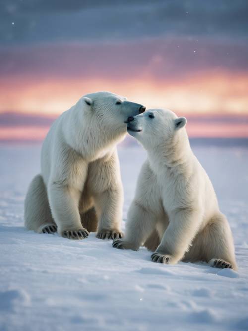 الدب القطبي وشبله يلعبان في حقل مغطى بالثلوج تحت الشفق القطبي الشمالي.