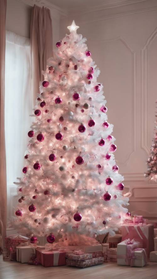 Um quarto com paredes brancas e uma árvore de Natal com decoração clássica e enfeites rosa.