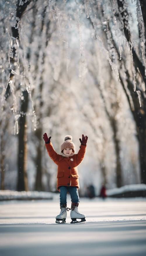 A child's first day ice skating in a winter wonderland.