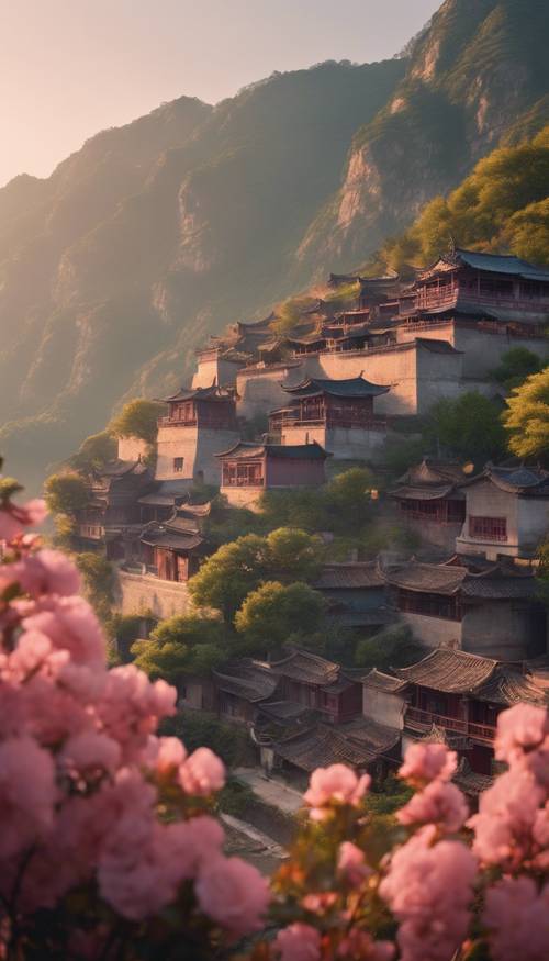 A peaceful old Chinese village nestled against a mountainside during a rosy sunrise.