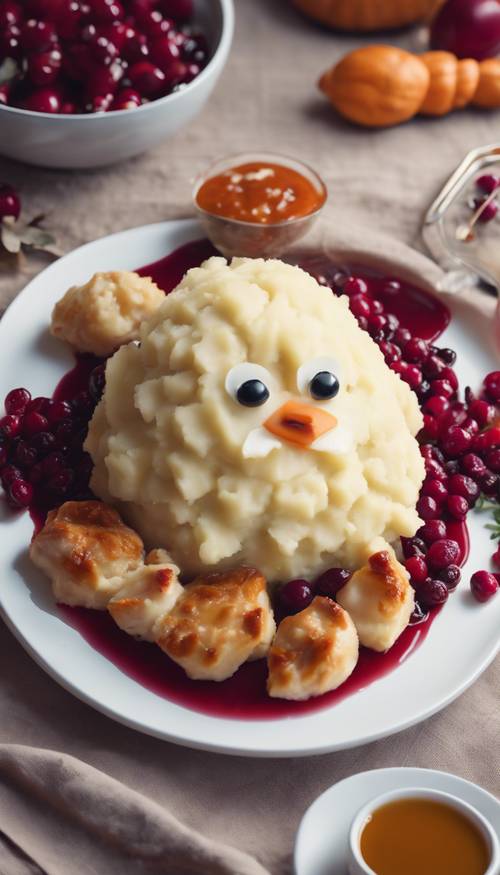 A traditional thanksgiving meal in a kawaii renditions featuring mashed potatoes, turkey and cranberry sauce Tapet [607b4e083f5a40549eb7]