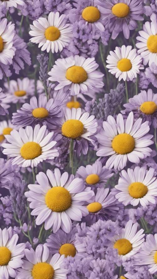 Pola bunga klasik dengan lavendel dan kamomil disajikan dalam palet warna kusam bergaya retro.