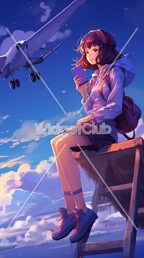 Anime-Mädchen beobachtet Flugzeuge am Himmel