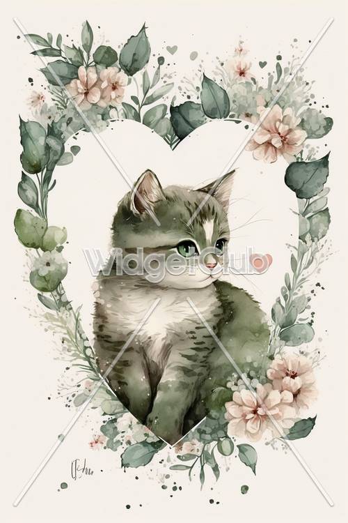 花卉仙境中的心形小猫