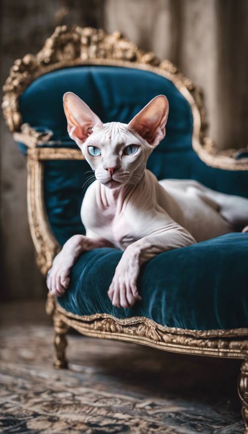 Un gatto Sphynx bianco è elegantemente sdraiato su una chaise longue di velluto, in una stanza piena di mobili antichi.