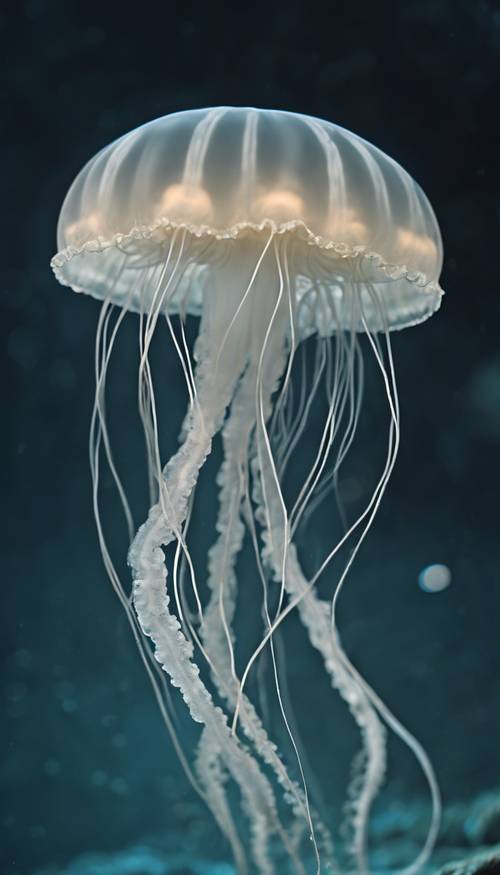 A solitary, ghostly white jellyfish with long, thin tentacles, drifting in a dimly lit aquatic scene.