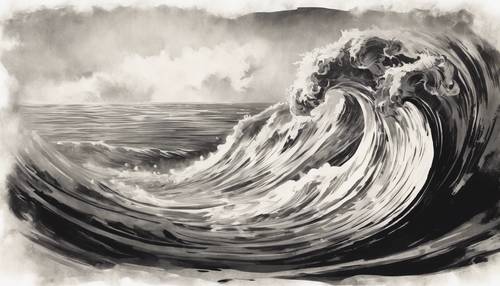 A black and white image of an ancient scroll depicting a stylized wave, in a traditional ink wash painting style. Tapet [a6da0a3a02e54eca977e]
