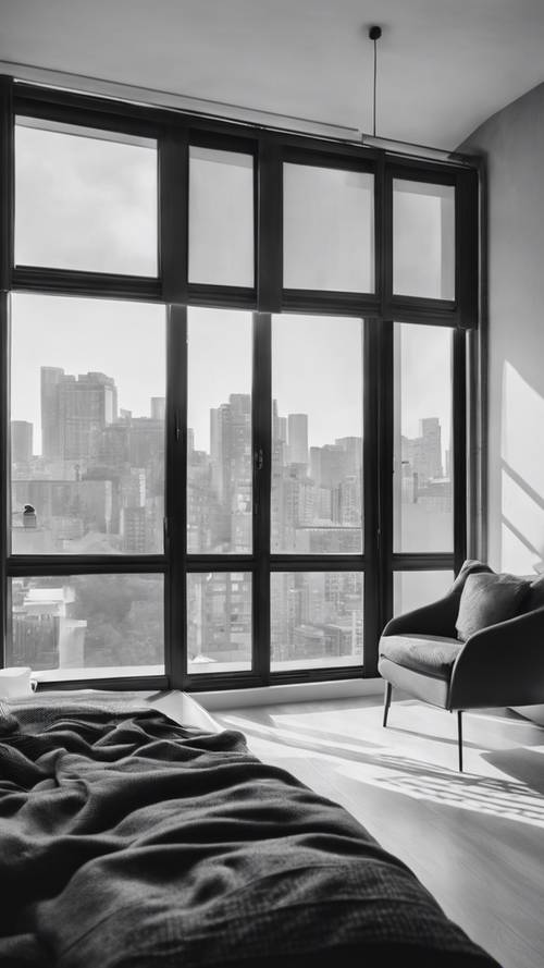 Un apartamento minimalista, amueblado en blanco y negro, con vistas a la luz del día desde la ventana.