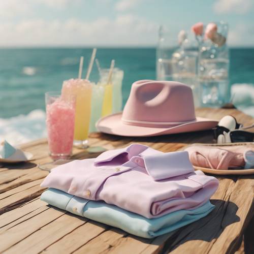 A summer beach party attire consisting of pastel colored preppy style clothes, placed on a wooden table with a view of the ocean.