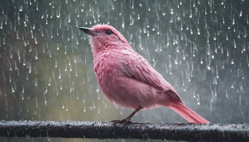 Um lindo pássaro rosa dançando na chuva.