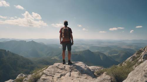 Ein Wanderer hält an einem klaren Julitag inne, um die atemberaubende Aussicht von einem Berggipfel zu genießen.