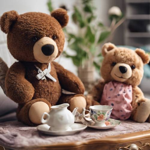 Um ursinho de pelúcia marrom peculiar oferecendo uma festa de chá de mentira com outros bichinhos de pelúcia no quarto de uma criança.