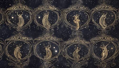 Deep space theme embossed onto a stately damask pattern featuring celestial bodies.