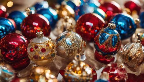 Un set di puntali per l&#39;albero di Natale in vetro di metà secolo, nelle vivaci tonalità di rosso, blu e oro.