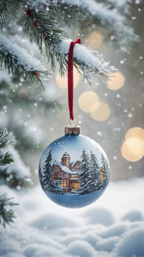 Une boule de Noël vintage peinte à la main avec des images détaillées de flocons de neige sur fond blanc, suspendues à un pin saupoudré de neige.