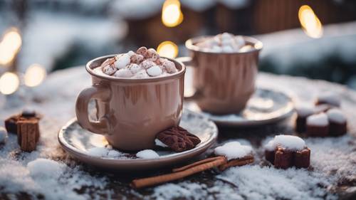 Preppy style hot chocolate mugs on an outdoor winter table