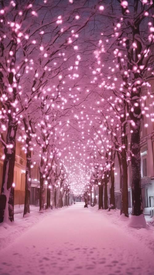 A snow-covered street illuminated by twinkling pink Christmas lights.