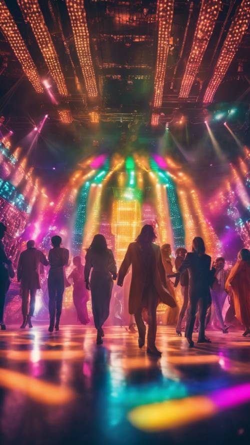 Một sàn nhảy disco hấp dẫn tràn ngập những người mặc trang phục lòe loẹt và di chuyển nhịp nhàng theo nhịp điệu.