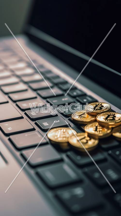 العملات الذهبية على لوحة مفاتيح الكمبيوتر المحمول