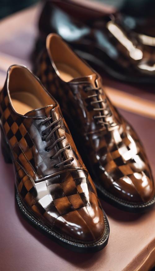 A closeup of shiny brown checkered leather shoes with a polished finish