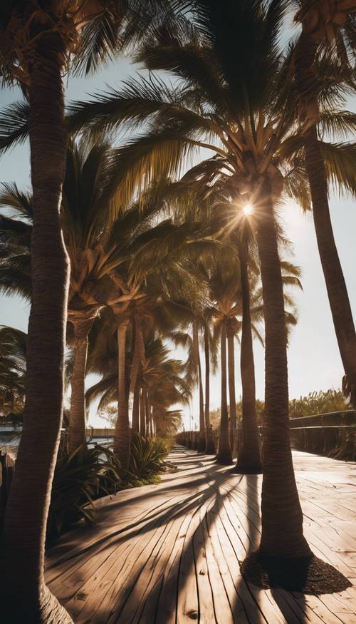 Vignette of a cluster of dark palm trees, casting shadows on a bustling boardwalk adorned with fairy lights.