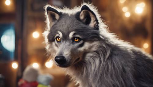 Un astuto cachorro de hombre lobo, con un pelaje tan esponjoso como una nube, que mira hacia arriba con brillantes ojos color ámbar mientras roba dulces con picardía.