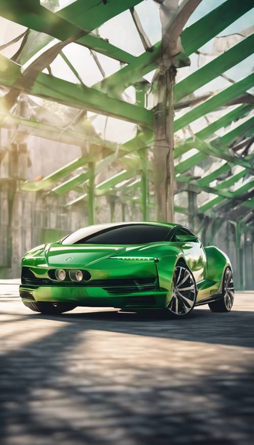 سيارة خضراء فائقة الحداثة ذات تصميم ديناميكي هوائي تحت ضوء الشمس الساطع.