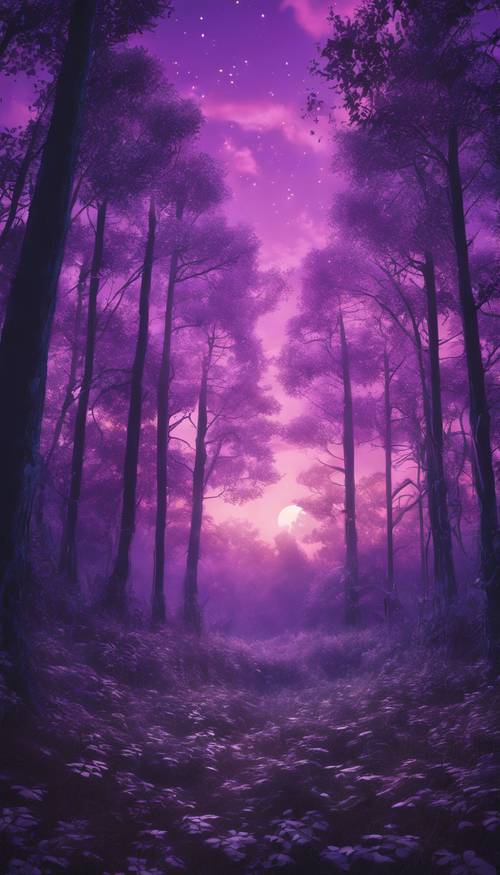 Um belo mural de uma floresta mística sob um céu roxo do crepúsculo.