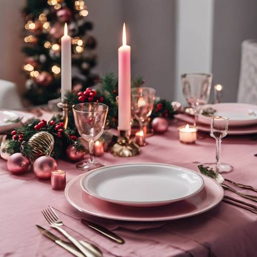 A sleek Christmas table set with a pink table runner, candles, and holly.