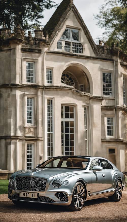 Une Bentley argentée étincelante garée devant un vieux manoir anglais.