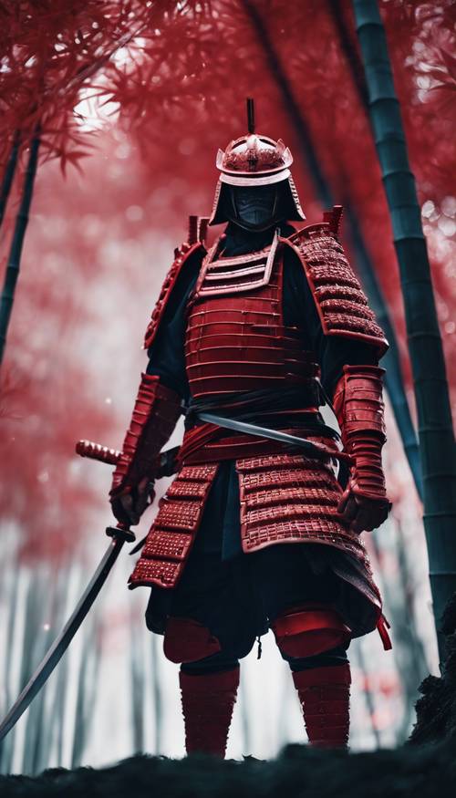 Um samurai de armadura vermelha, com equipamento completo, parado sozinho em uma floresta de bambu iluminada pela lua.