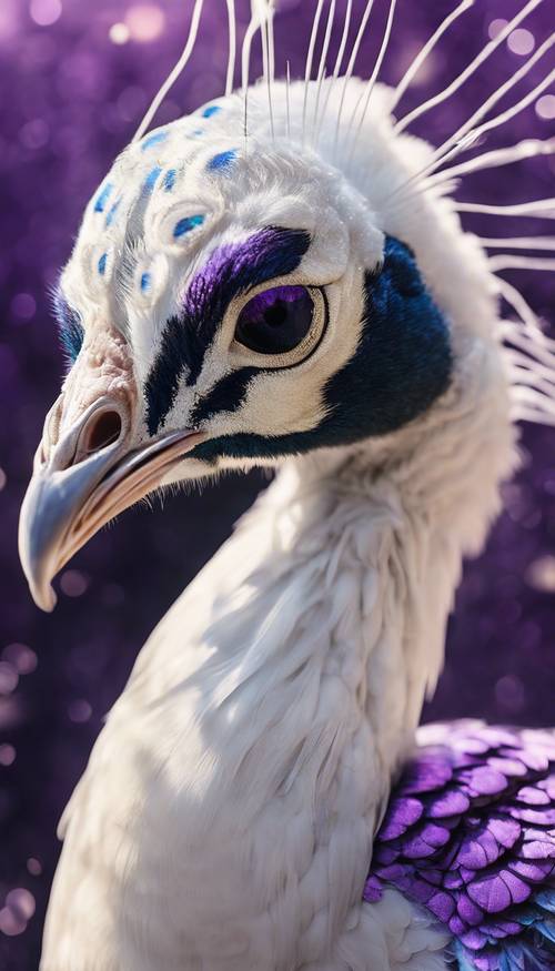 Un pavo real blanco mostrando su plumaje, teñido con tonos de mágico púrpura.