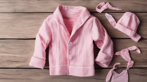 Folded pink and white striped baby clothes on a wooden table.