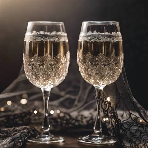 Two champagne glasses behind a delicate black lace veil